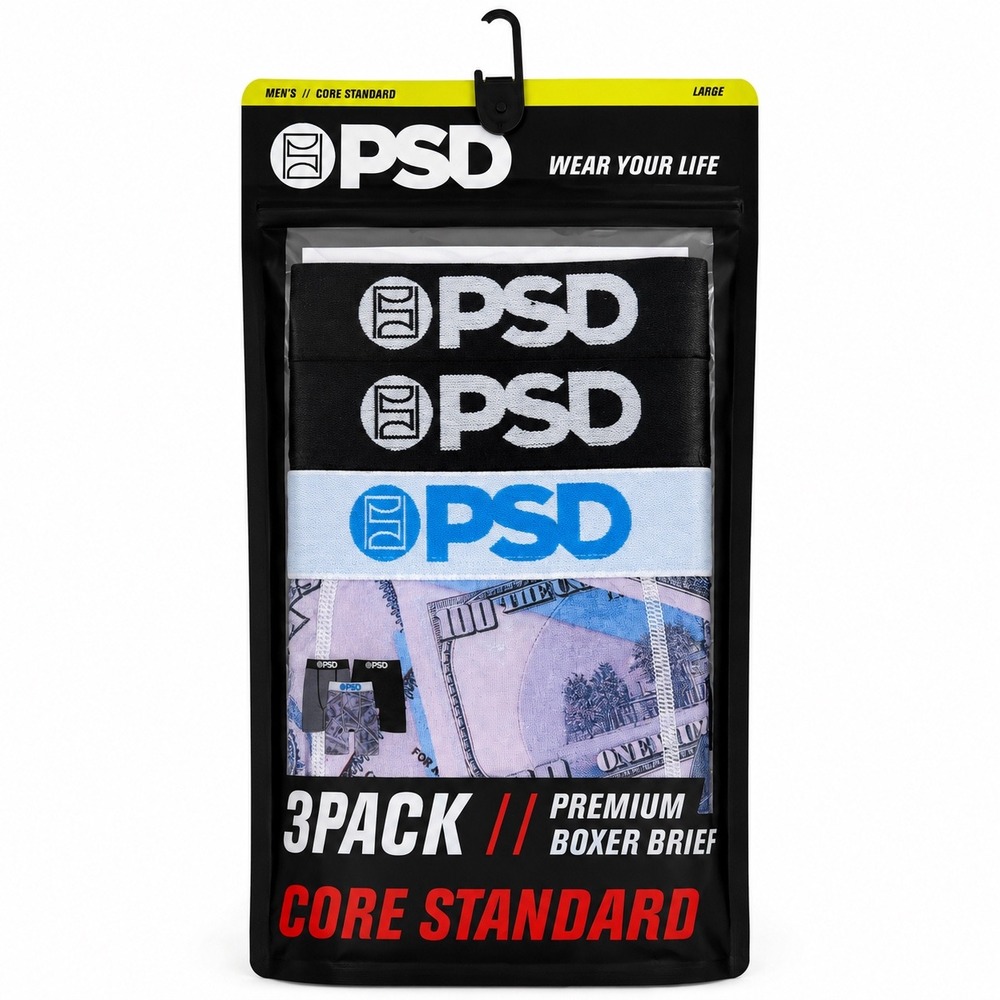 PSD Underwear Mens 3 Pack Boxer Briefs Core Standard Money Print Black Grey L